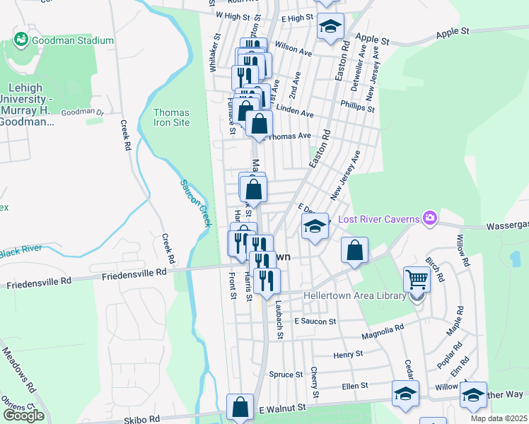 map of restaurants, bars, coffee shops, grocery stores, and more near 825 Main Street in Hellertown