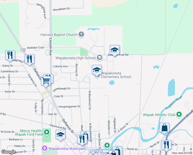 map of restaurants, bars, coffee shops, grocery stores, and more near 910 North Blackhoof Street in Wapakoneta