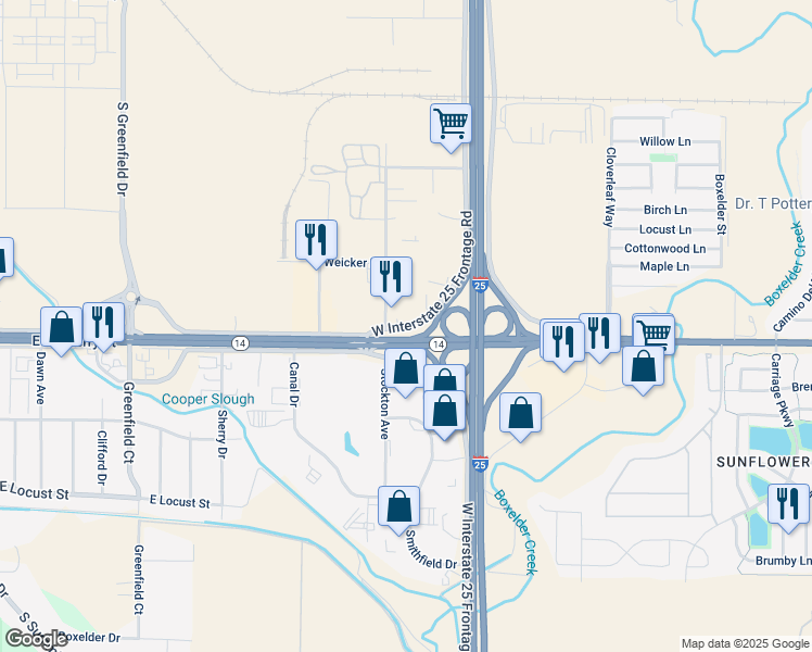 map of restaurants, bars, coffee shops, grocery stores, and more near 5137 Northwest Frontage Road in Severance