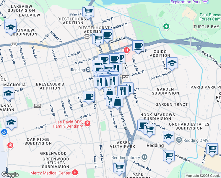 map of restaurants, bars, coffee shops, grocery stores, and more near 1810 Market Street in Redding