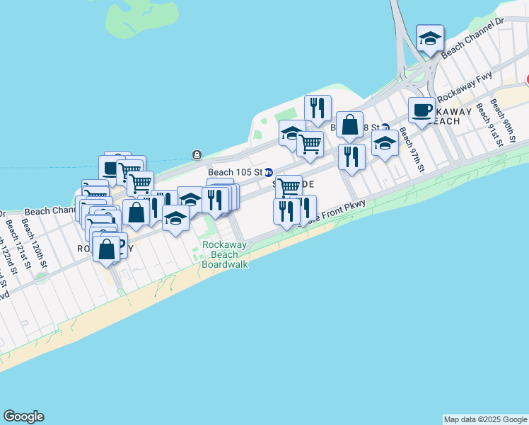 map of restaurants, bars, coffee shops, grocery stores, and more near 106-20 Shore Front Parkway in Queens