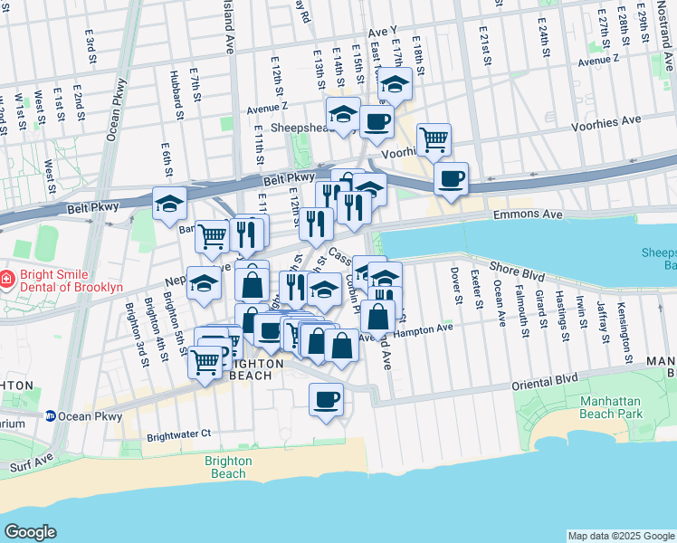 map of restaurants, bars, coffee shops, grocery stores, and more near 2942 Brighton 12th Street in Brooklyn