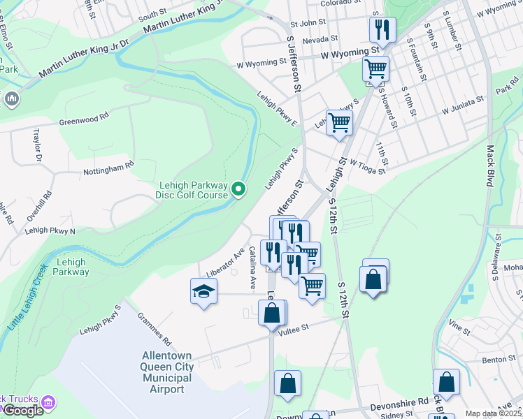 map of restaurants, bars, coffee shops, grocery stores, and more near 1488 South Jefferson Street in Allentown
