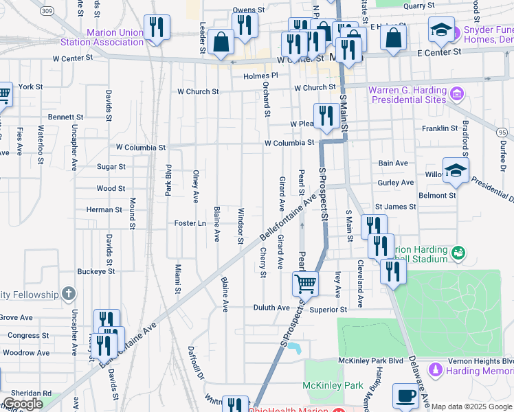 map of restaurants, bars, coffee shops, grocery stores, and more near 466 Windsor Street in Marion