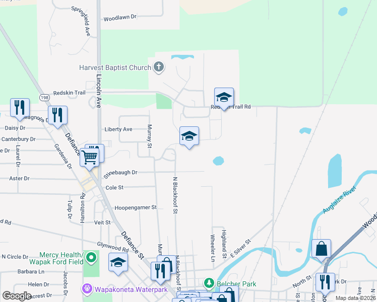 map of restaurants, bars, coffee shops, grocery stores, and more near 910 North Blackhoof Street in Wapakoneta