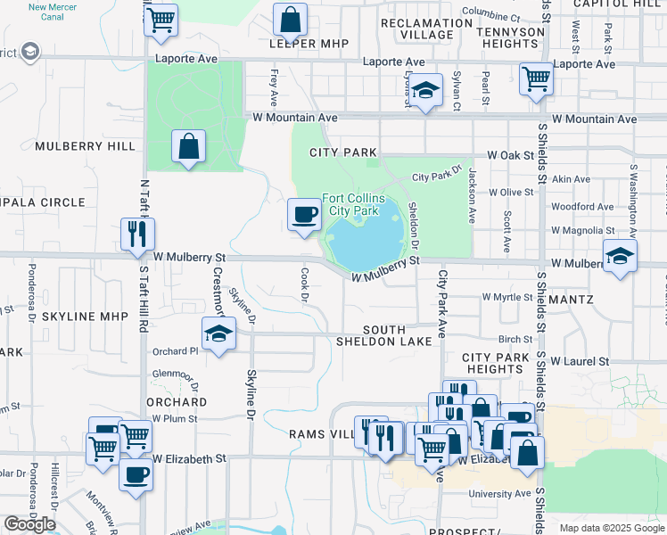 map of restaurants, bars, coffee shops, grocery stores, and more near 1660 West Mulberry Street in Fort Collins