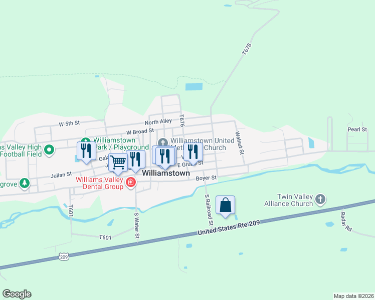 map of restaurants, bars, coffee shops, grocery stores, and more near 214 Vine Street in Williamstown