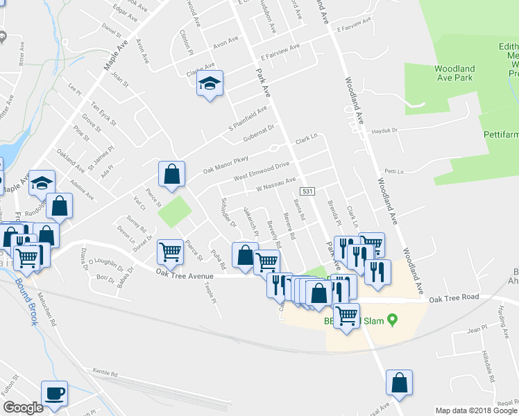 map of restaurants, bars, coffee shops, grocery stores, and more near 3225 Beverly Road in South Plainfield
