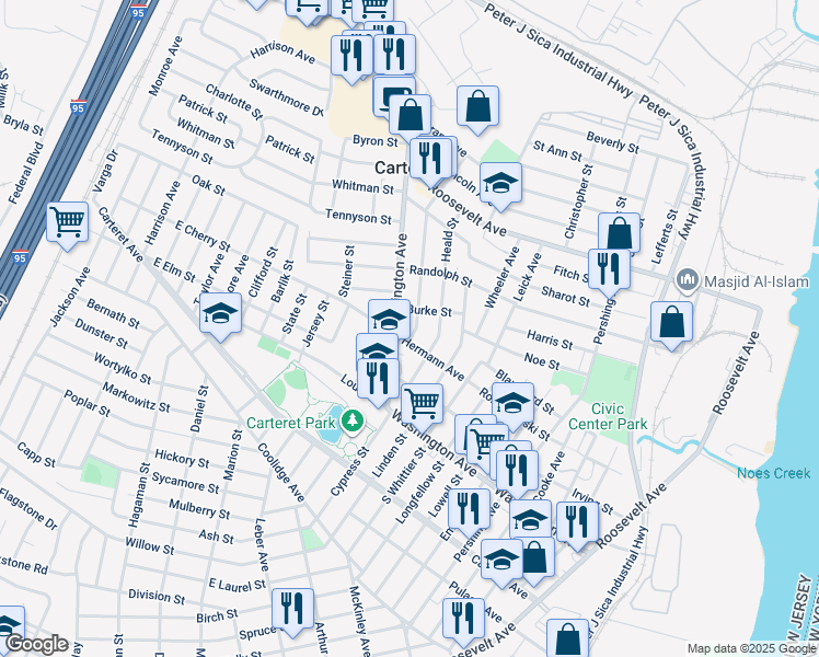map of restaurants, bars, coffee shops, grocery stores, and more near 27 Hermann Avenue in Carteret