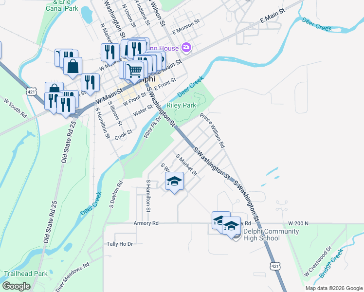 map of restaurants, bars, coffee shops, grocery stores, and more near 101-199 West Summit Street in Delphi