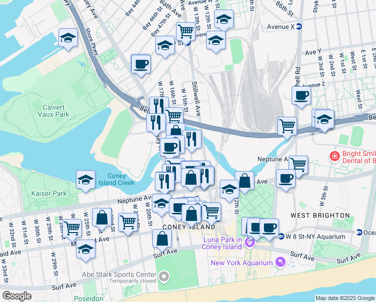 map of restaurants, bars, coffee shops, grocery stores, and more near 2717 West 16th Street in Brooklyn