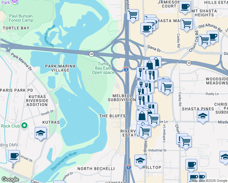 map of restaurants, bars, coffee shops, grocery stores, and more near 1860 Crestmont Drive in Redding