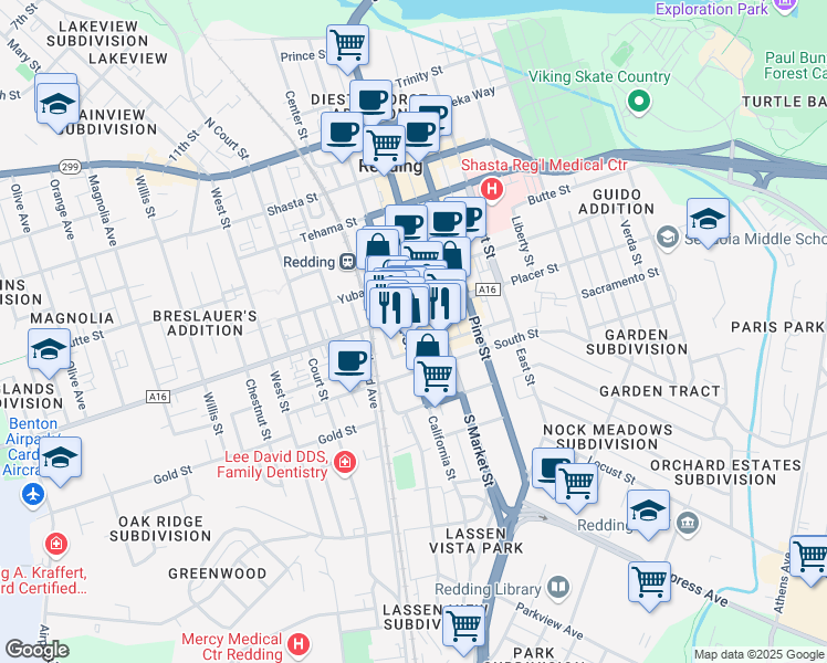 map of restaurants, bars, coffee shops, grocery stores, and more near 1727 California Street in Redding