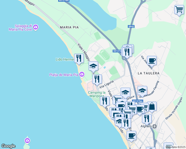 map of restaurants, bars, coffee shops, grocery stores, and more near Via Francesco Costantino in Alghero