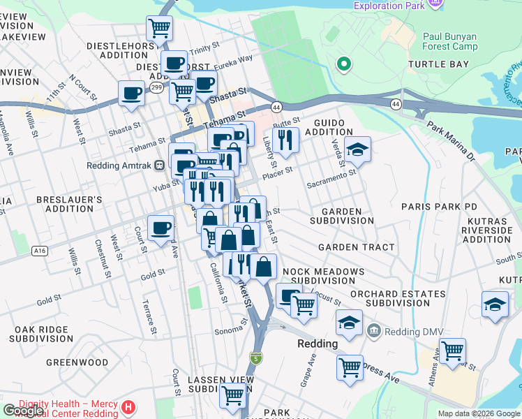 map of restaurants, bars, coffee shops, grocery stores, and more near 1937 East Street in Redding