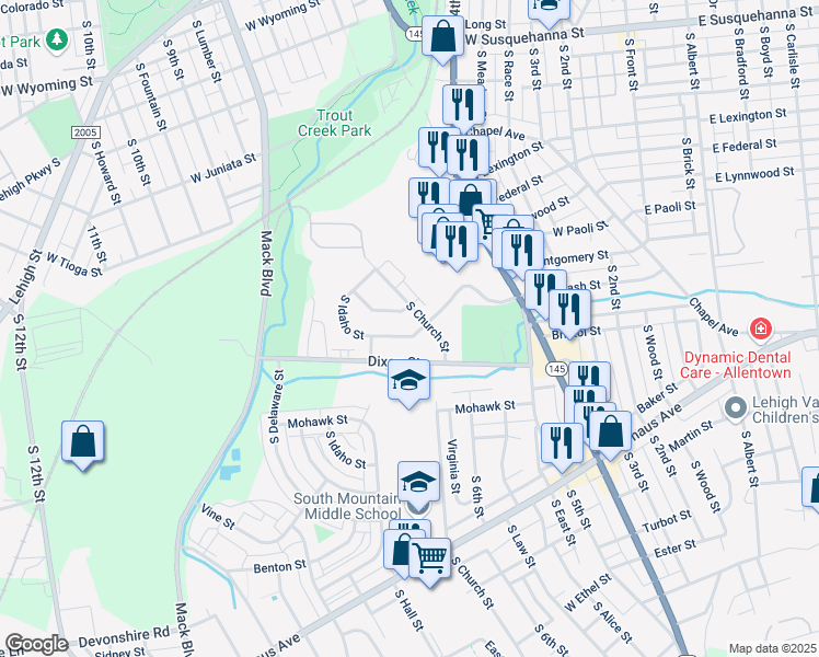map of restaurants, bars, coffee shops, grocery stores, and more near 659 West Brookdale Street in Allentown