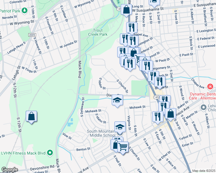 map of restaurants, bars, coffee shops, grocery stores, and more near 699 West Brookdale Street in Allentown