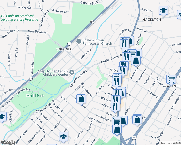 map of restaurants, bars, coffee shops, grocery stores, and more near 107 West Hill Road in Woodbridge Township