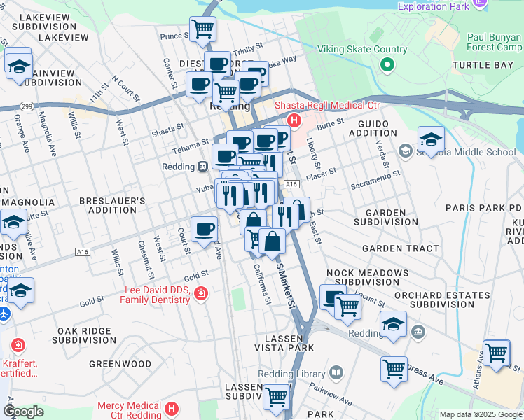 map of restaurants, bars, coffee shops, grocery stores, and more near 1731 Market Street in Redding