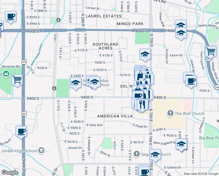 map of restaurants, bars, coffee shops, grocery stores, and more near 455 East Cascade Street in Sandy