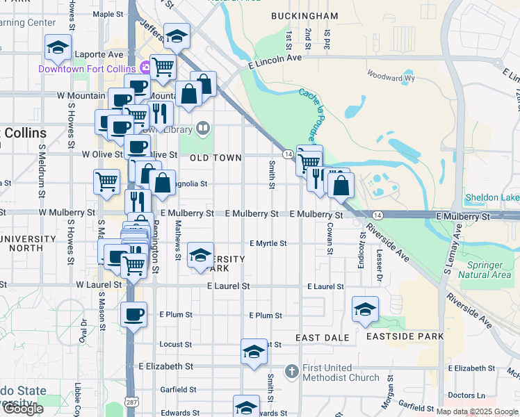 map of restaurants, bars, coffee shops, grocery stores, and more near 513 Smith Street in Fort Collins