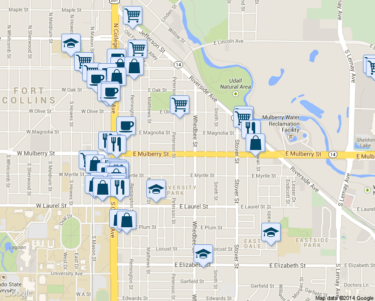map of restaurants, bars, coffee shops, grocery stores, and more near 511 Whedbee Street in Fort Collins