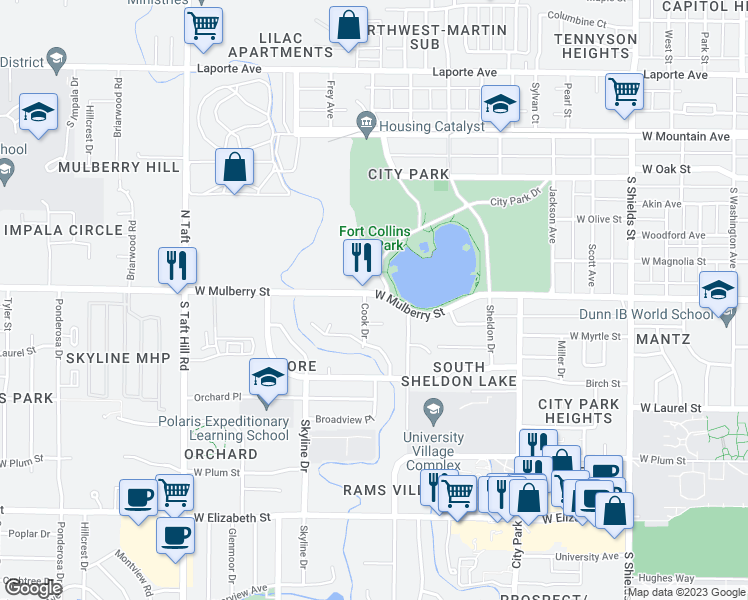 map of restaurants, bars, coffee shops, grocery stores, and more near 1708 Dale Court in Fort Collins