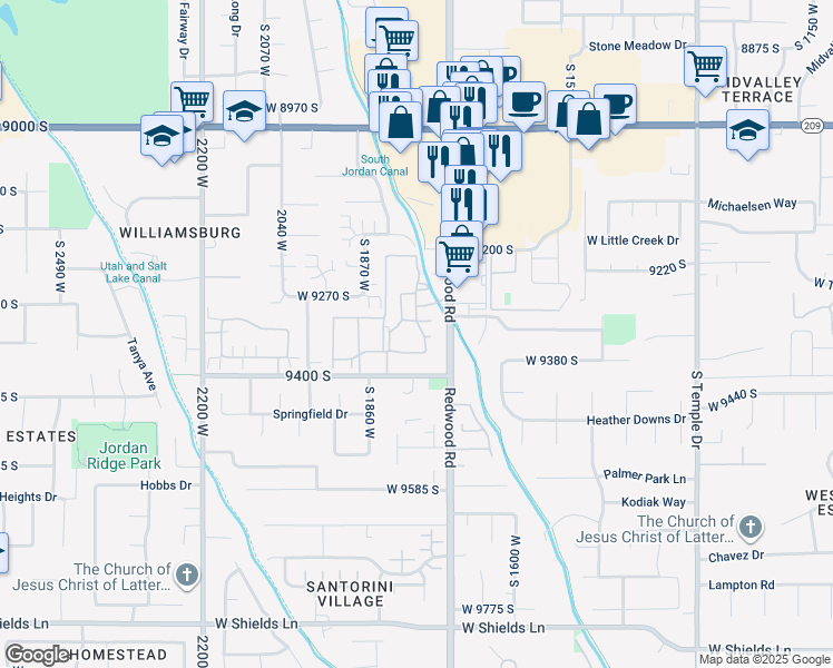 map of restaurants, bars, coffee shops, grocery stores, and more near 9300 South Redwood Road in West Jordan