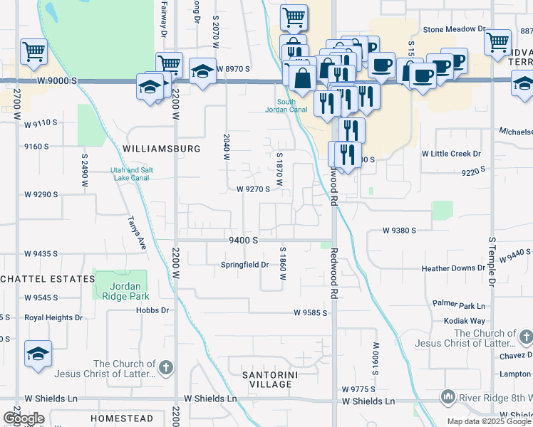 map of restaurants, bars, coffee shops, grocery stores, and more near 9300 South Redwood Road in West Jordan
