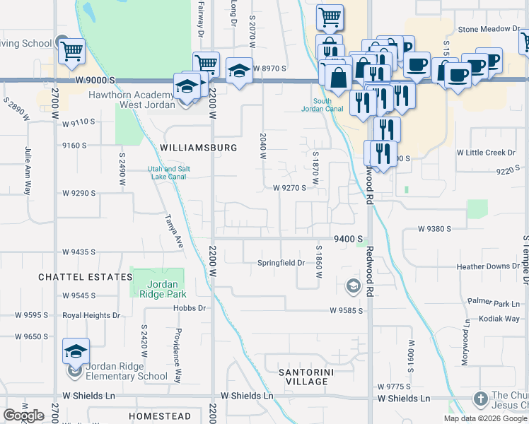 map of restaurants, bars, coffee shops, grocery stores, and more near 2043 Jordan Villa Drive in West Jordan