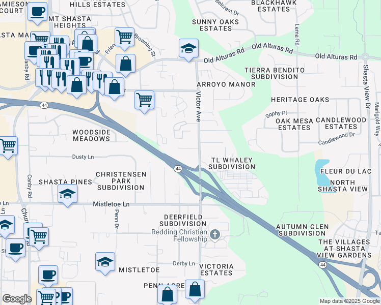 map of restaurants, bars, coffee shops, grocery stores, and more near California 44 in Redding