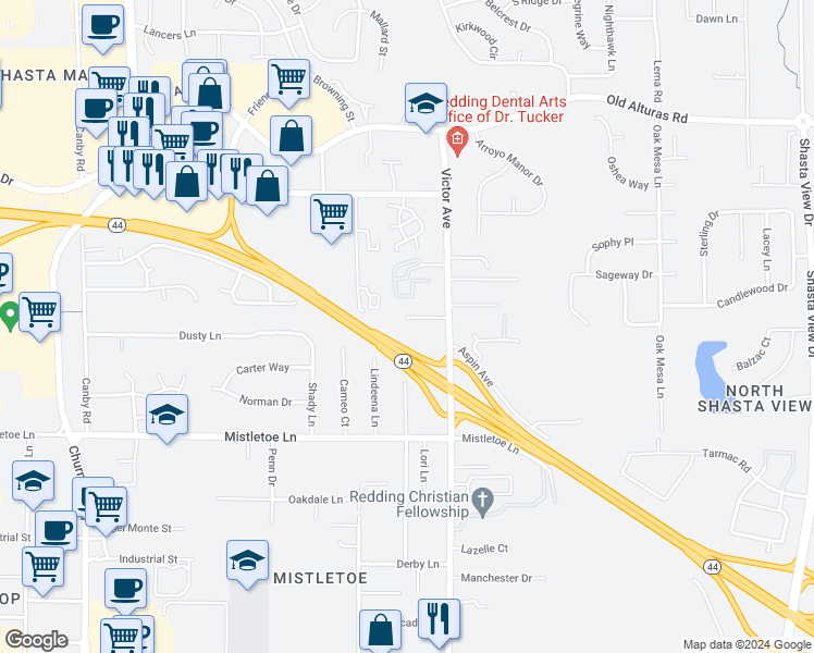 map of restaurants, bars, coffee shops, grocery stores, and more near California 44 in Redding