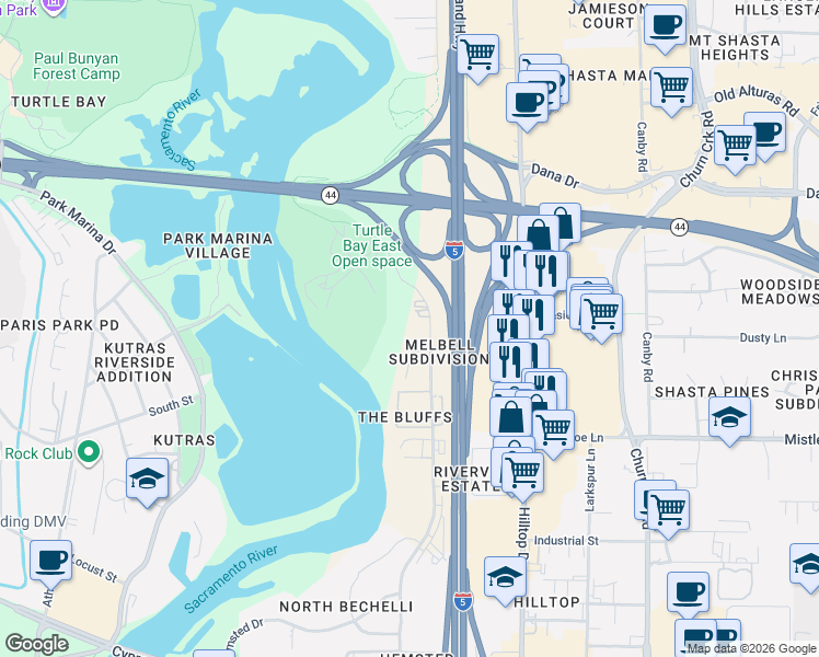 map of restaurants, bars, coffee shops, grocery stores, and more near 1860 Crestmont Drive in Redding