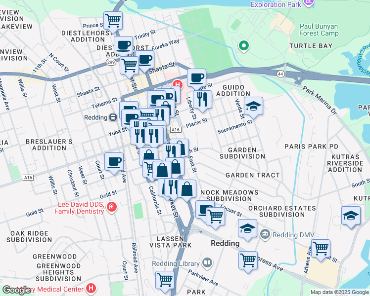 map of restaurants, bars, coffee shops, grocery stores, and more near 1937 East Street in Redding