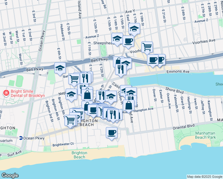 map of restaurants, bars, coffee shops, grocery stores, and more near 2942 Brighton 12th Street in Brooklyn