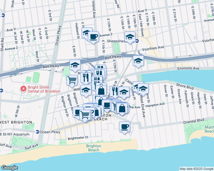 map of restaurants, bars, coffee shops, grocery stores, and more near 5 Brighton 10th Terrace in Brooklyn