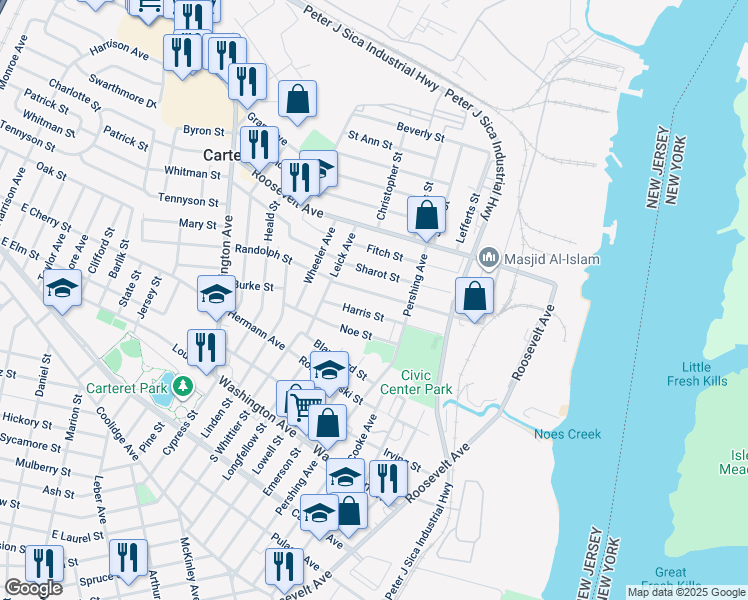 map of restaurants, bars, coffee shops, grocery stores, and more near 18 Harris Street in Carteret