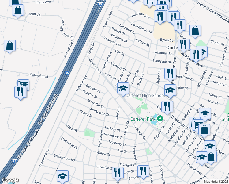 map of restaurants, bars, coffee shops, grocery stores, and more near 93 Coolidge Avenue in Carteret