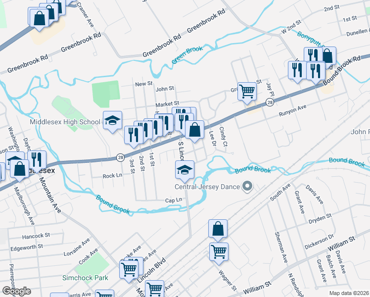 map of restaurants, bars, coffee shops, grocery stores, and more near 150 South Lincoln Avenue in Middlesex
