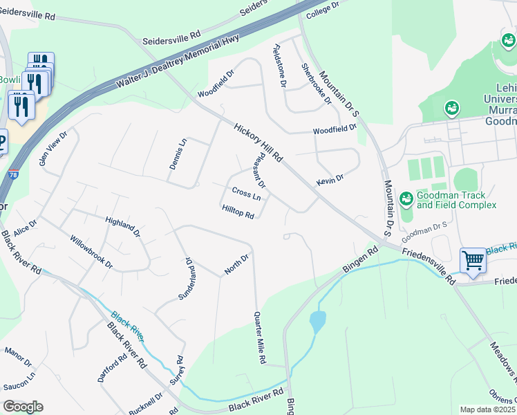 map of restaurants, bars, coffee shops, grocery stores, and more near 2018 Hilltop Road in Bethlehem