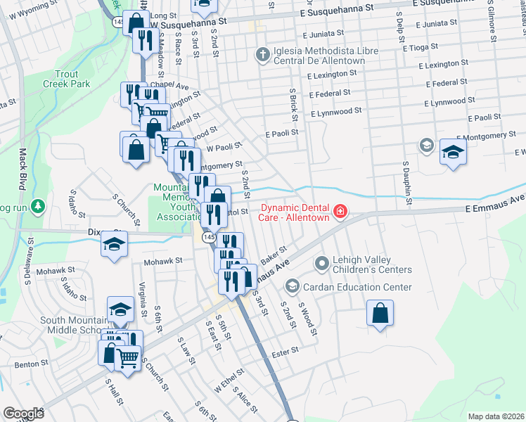 map of restaurants, bars, coffee shops, grocery stores, and more near 1869 South 2nd Street in Allentown