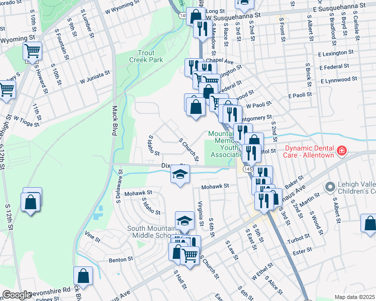 map of restaurants, bars, coffee shops, grocery stores, and more near 629 Dixon Street in Allentown