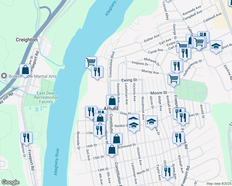 map of restaurants, bars, coffee shops, grocery stores, and more near 1932 Kenneth Avenue in New Kensington