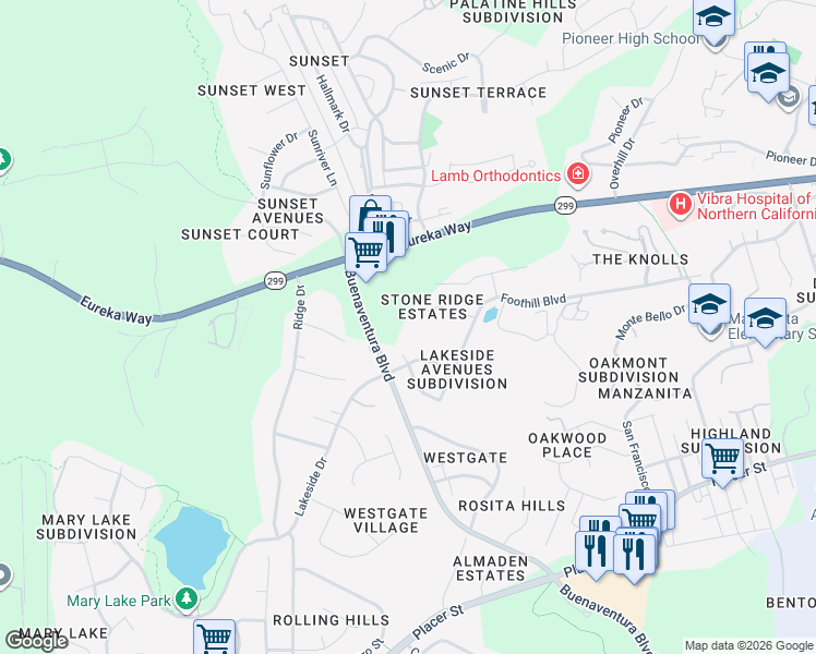 map of restaurants, bars, coffee shops, grocery stores, and more near 1174 Lakeside Drive in Redding