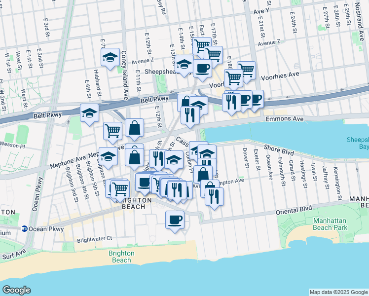 map of restaurants, bars, coffee shops, grocery stores, and more near 35 Corbin Place in Brooklyn