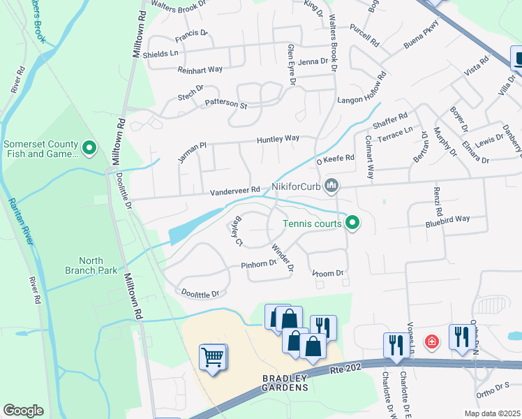 map of restaurants, bars, coffee shops, grocery stores, and more near 404 Reading Circle in Bridgewater Township