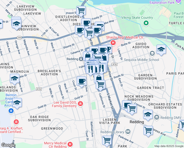 map of restaurants, bars, coffee shops, grocery stores, and more near 1802 California Street in Redding