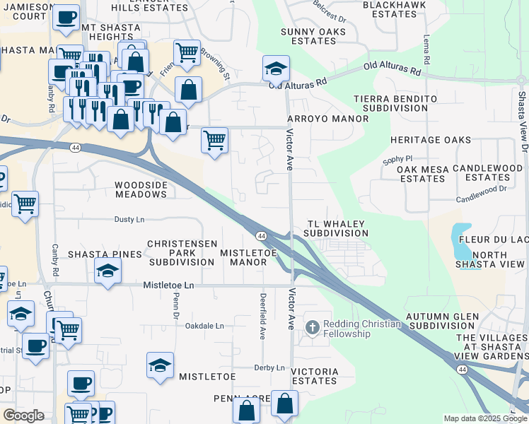 map of restaurants, bars, coffee shops, grocery stores, and more near 1735 Azoulay Court in Redding