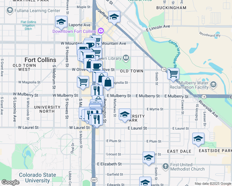 map of restaurants, bars, coffee shops, grocery stores, and more near 416 Mathews Street in Fort Collins