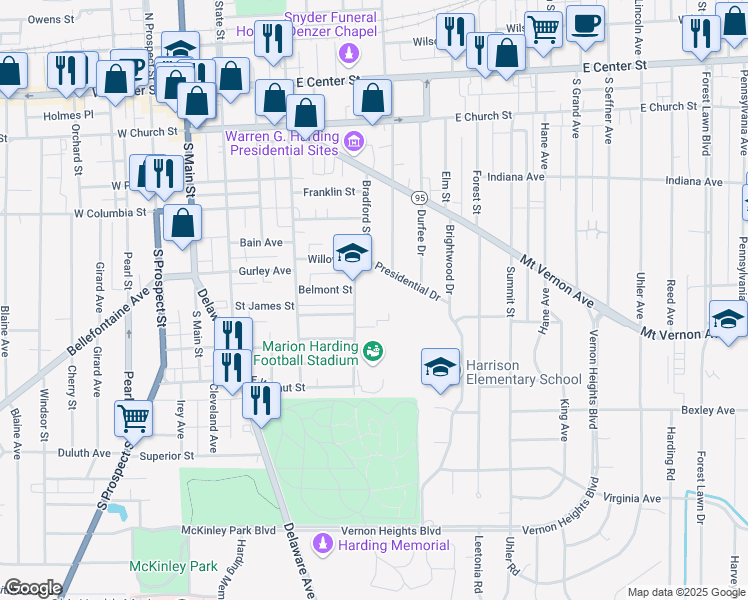 map of restaurants, bars, coffee shops, grocery stores, and more near 420 Presidential Drive in Marion